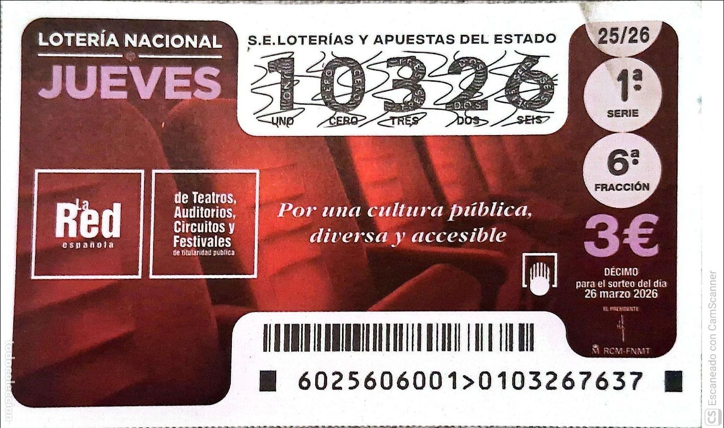 National Spanish Lottery: Espa&ntilde;a. Loter&iacute;a. 2026. Sorteo: 25 La Red espa&ntilde;ola de Teatros, Auditorios, Circuitos y Festivales. Fe