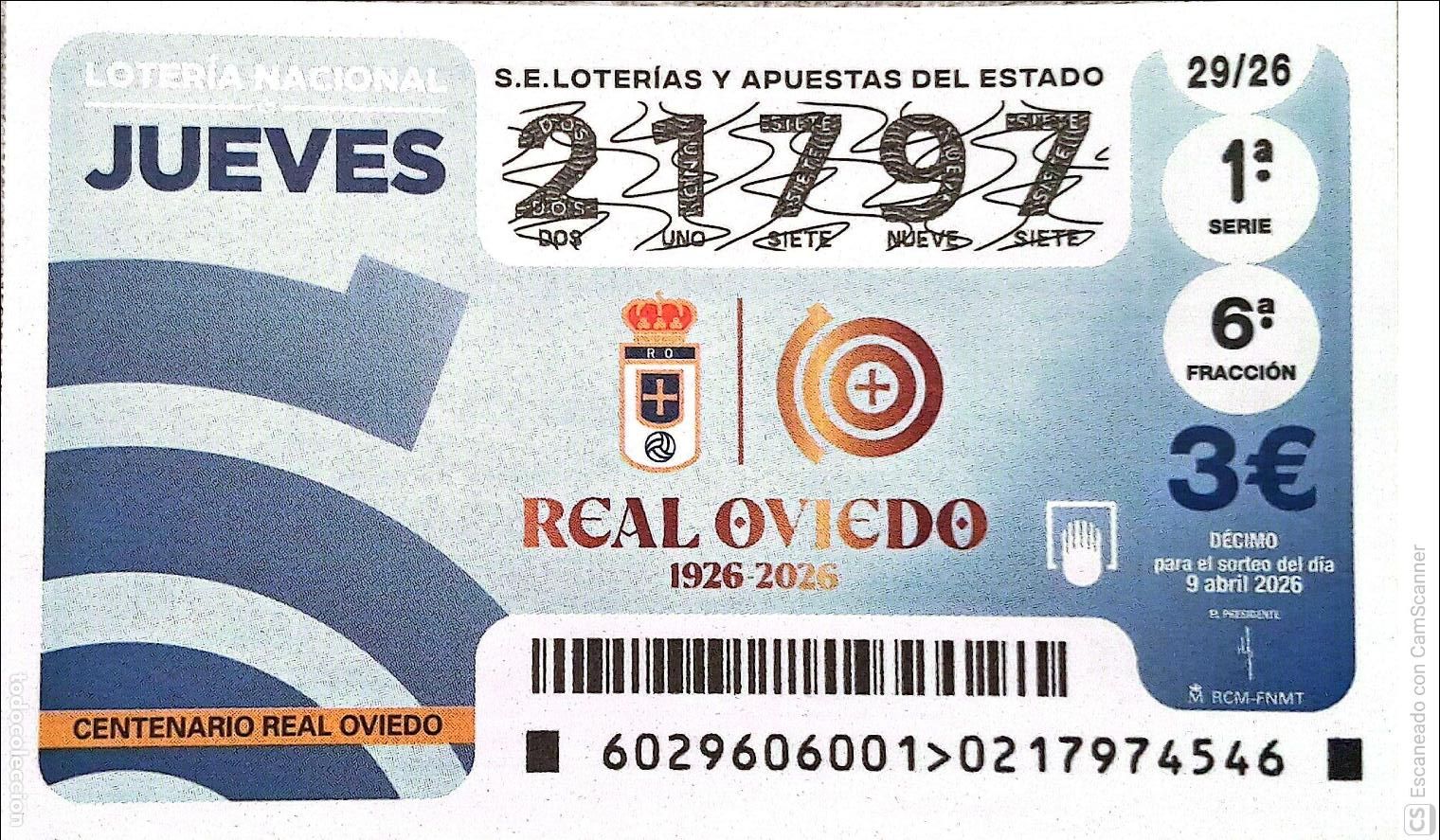 National Spanish Lottery: Espa&ntilde;a. Loter&iacute;a. 2026. Sorteo: 29 Real Oviedo. Fecha: 9 abril.