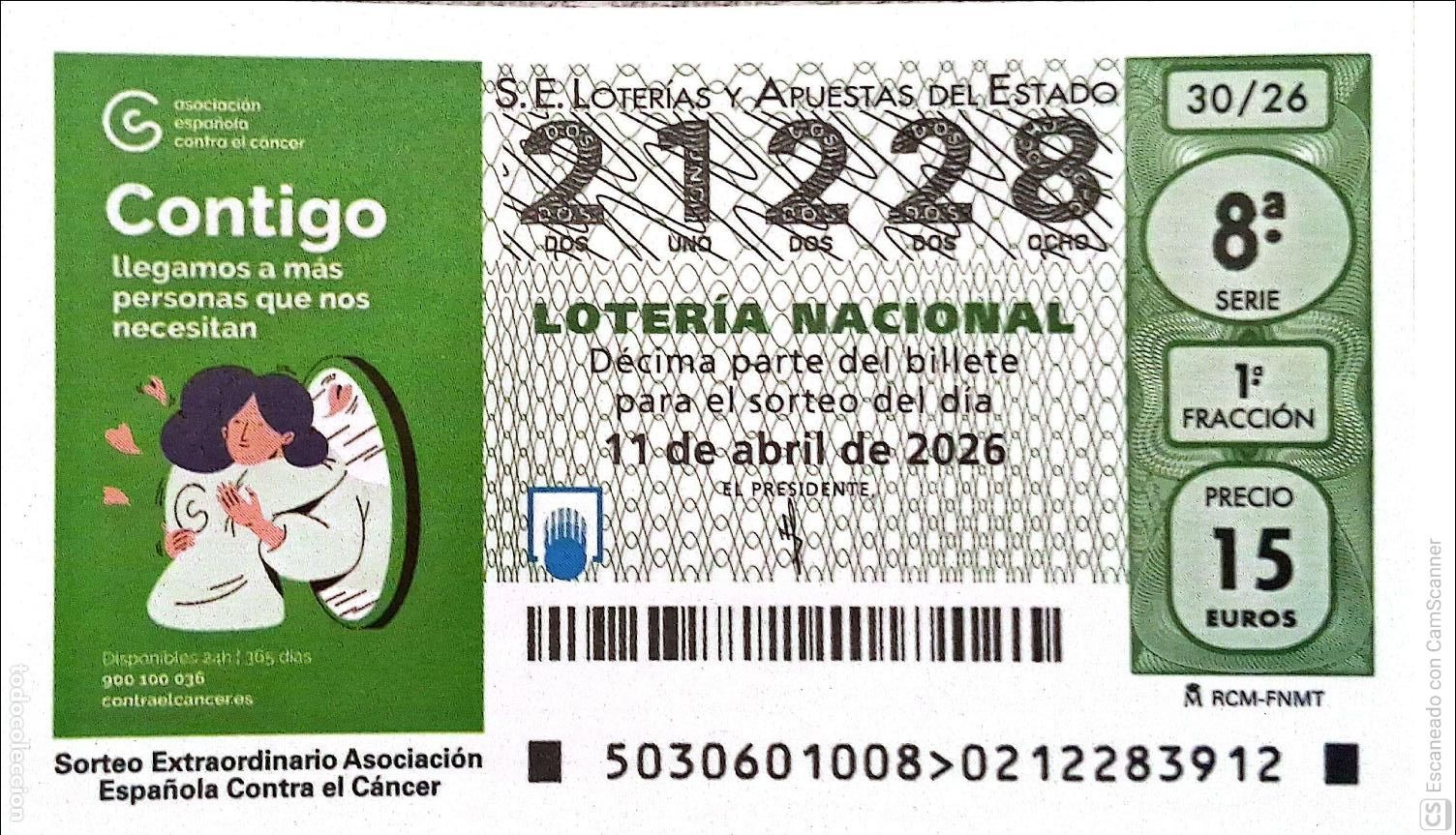 National Spanish Lottery: Espa&ntilde;a. Loter&iacute;a. 2026. Sorteo: 30 Sorteo Extraordinario Asociaci&oacute;n Espa&ntilde;ola Contra el C&aacute;ncer. Fecha: