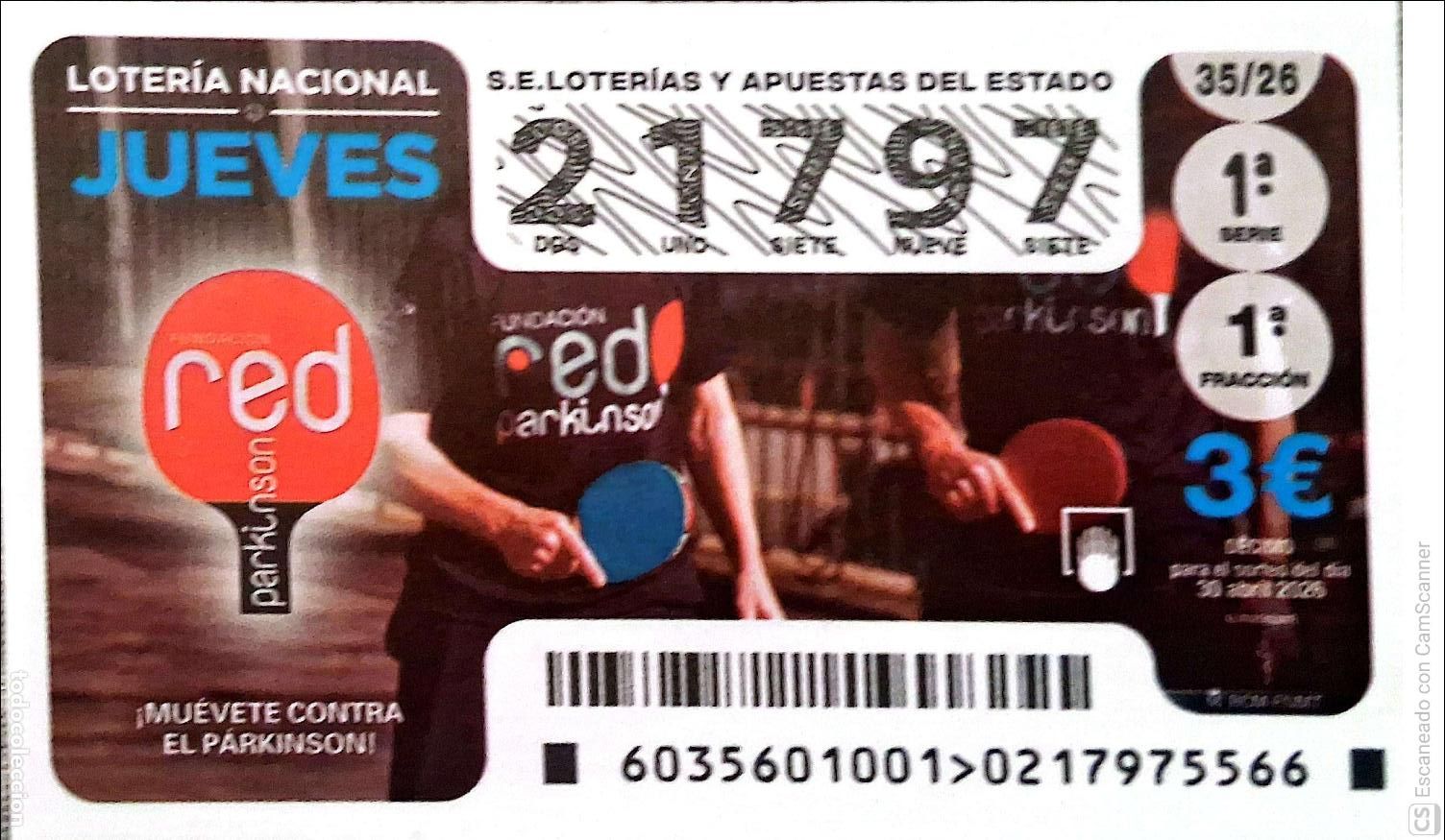 National Spanish Lottery: Espa&ntilde;a. Loter&iacute;a. 2026. Sorteo: 35 Fundaci&oacute;n red Parkinson. Fecha: 30 abril.