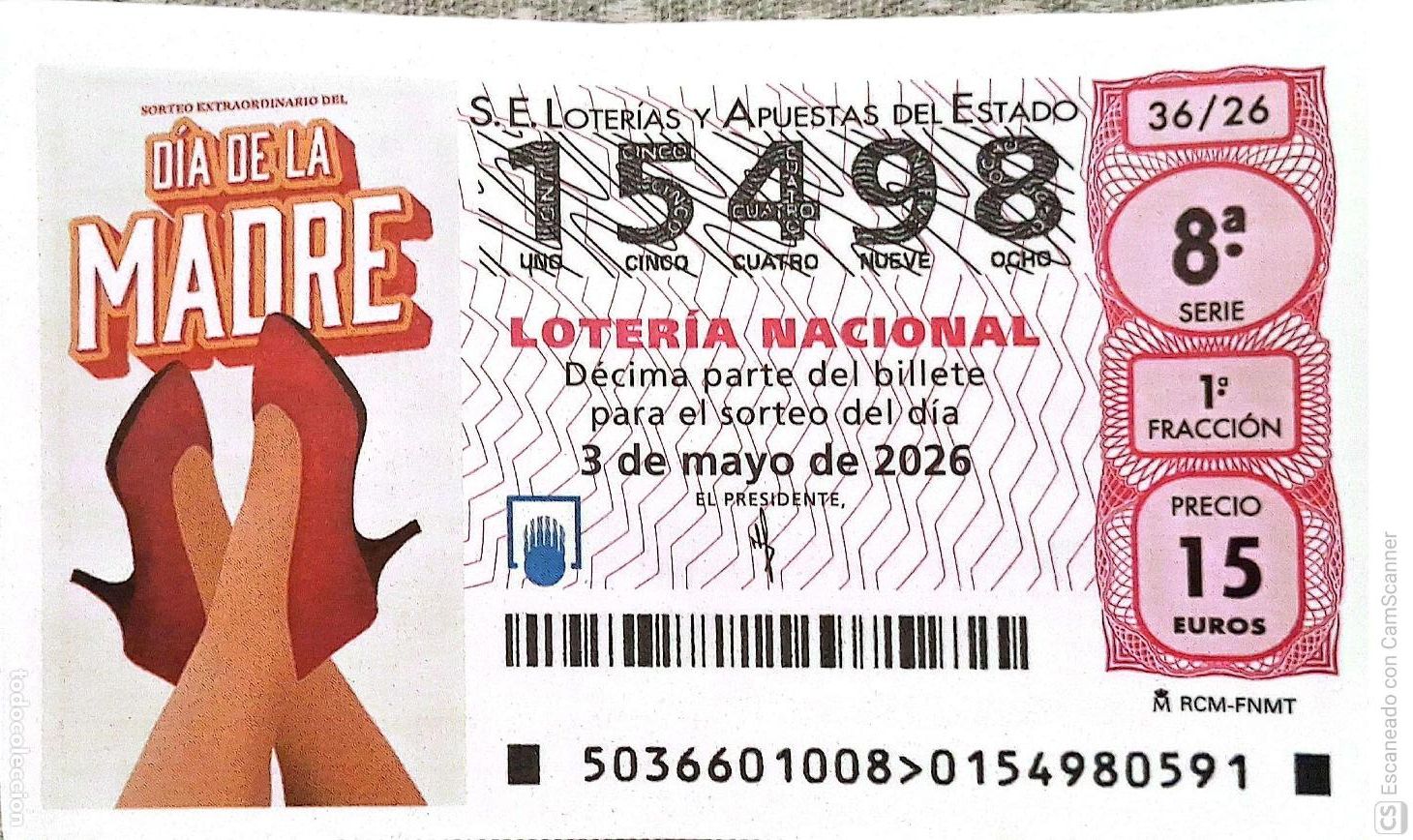 National Spanish Lottery: Espa&ntilde;a. Loter&iacute;a. 2026. Sorteo: 36 D&iacute;a de la Madre. Fecha: 3 mayo.