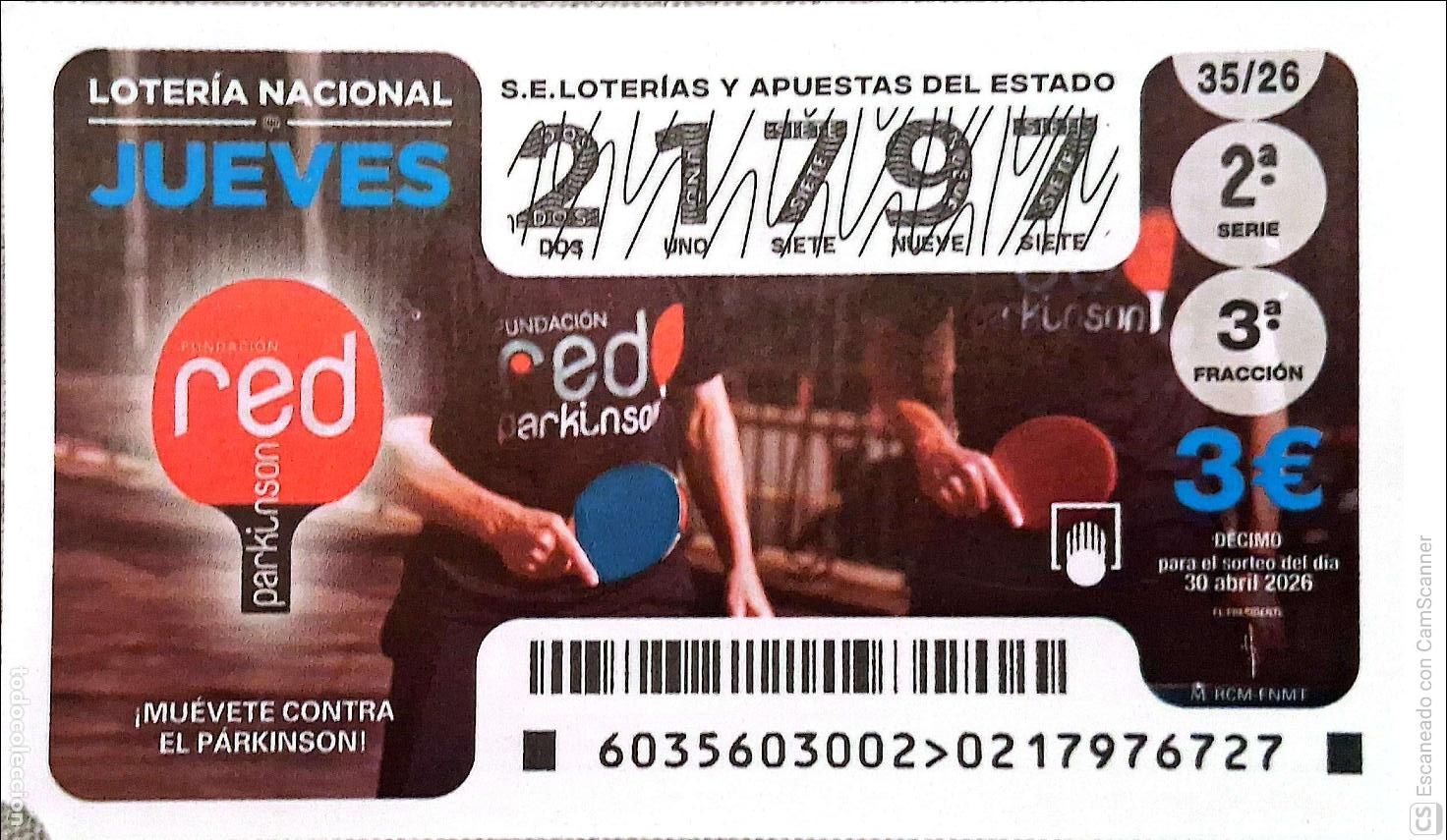 National Spanish Lottery: Espa&ntilde;a. Loter&iacute;a. 2026. Sorteo: 35 Fundaci&oacute;n red Parkinson. Fecha: 30 abril.