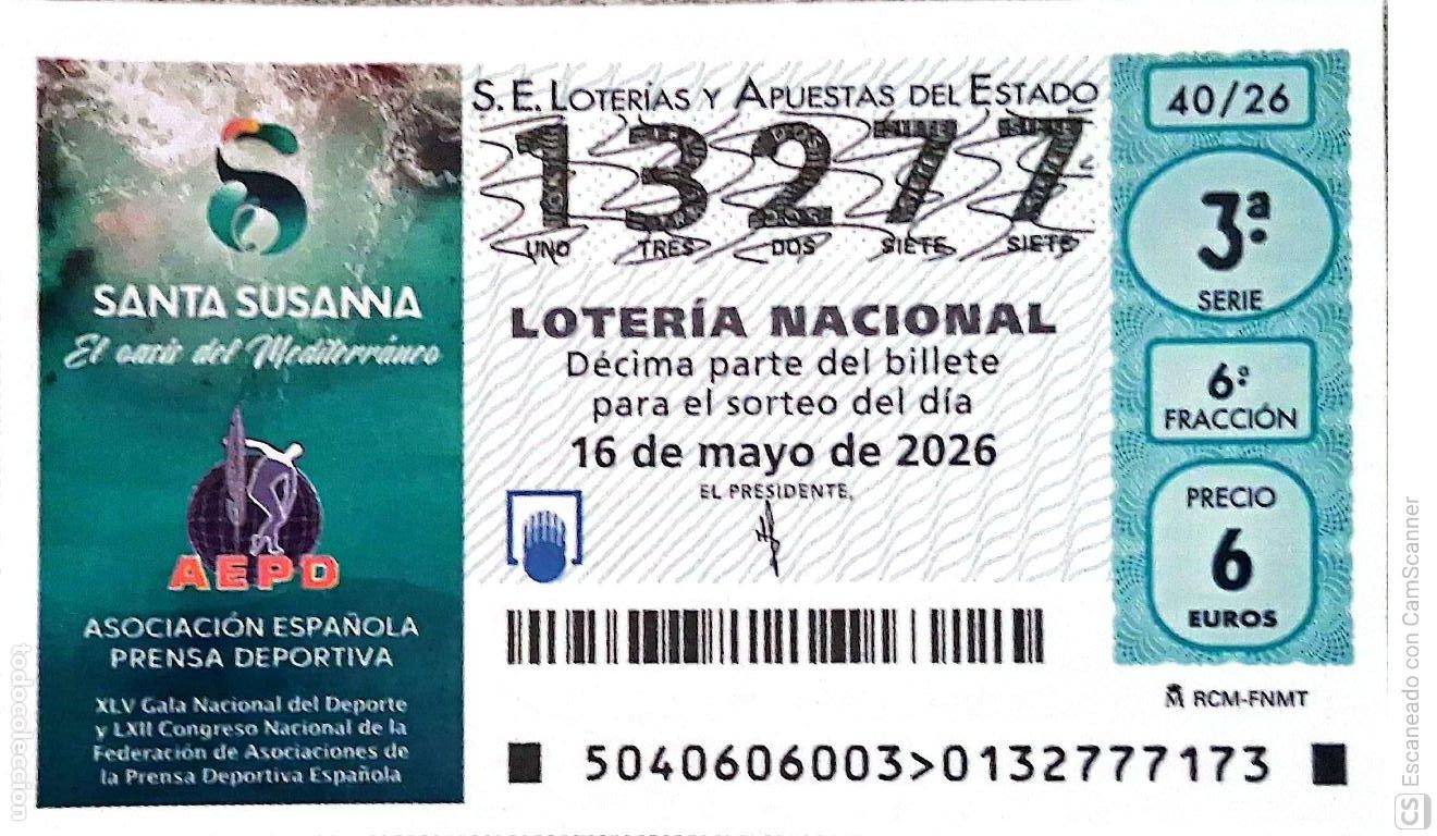 Loter&iacute;a Nacional: Espa&ntilde;a. Loter&iacute;a. 2026. Sorteo: 39 XXV Congreso Nacional de Celador@s. Santander 13,14 y 15. Fecha: 1