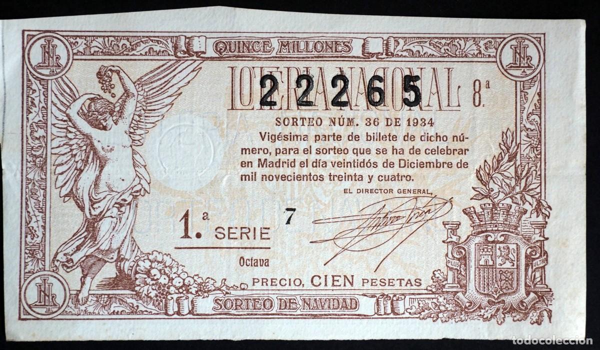Loter&iacute;a Nacional: ANTIGUO VIG&Eacute;SIMA PARTE DE BILLETE DE LOTERIA DE NAVIDAD. SORTEO N&ordm; 36. DICIEMBRE DE 1934