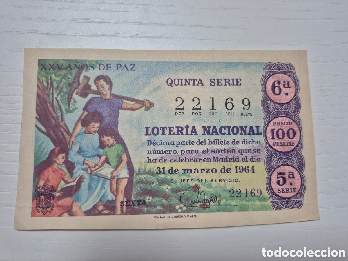 Loterie Nationale: LOTERIA NACIONAL SORTEO XXV A&Ntilde;OS DE PAZ 31 MARZO DE 1964 PERFECTO ESTADO SERIE 5