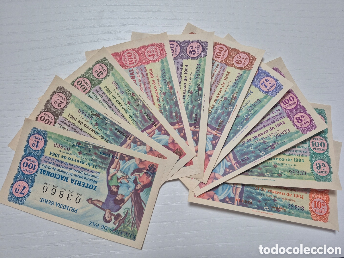Loter&iacute;a Nacional: LOTERIA NACIONAL SORTEO XXV A&Ntilde;OS DE PAZ 31 MARZO DE 1964 PERFECTO ESTADO SERIE COMPLETA