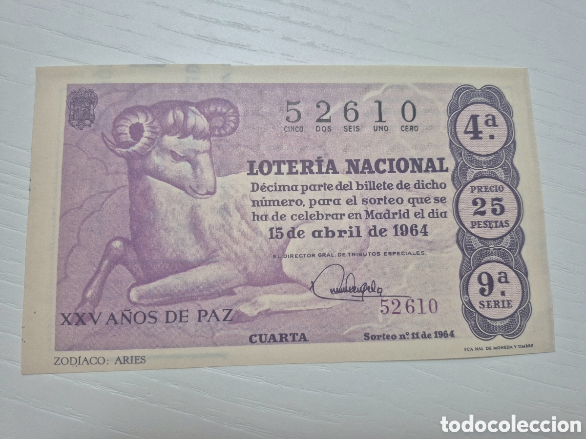 Loter&iacute;a Nacional: LOTERIA NACIONAL SORTEO 11 DE 1964 PERFECTO ESTADO SERIE 9