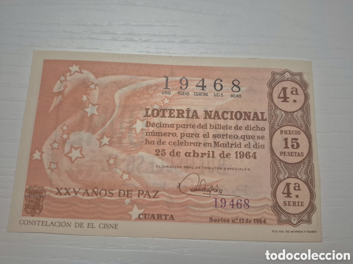 Loter&iacute;a Nacional: LOTERIA NACIONAL SORTEO 12 DE 1964 PERFECTO ESTADO SERIE 4