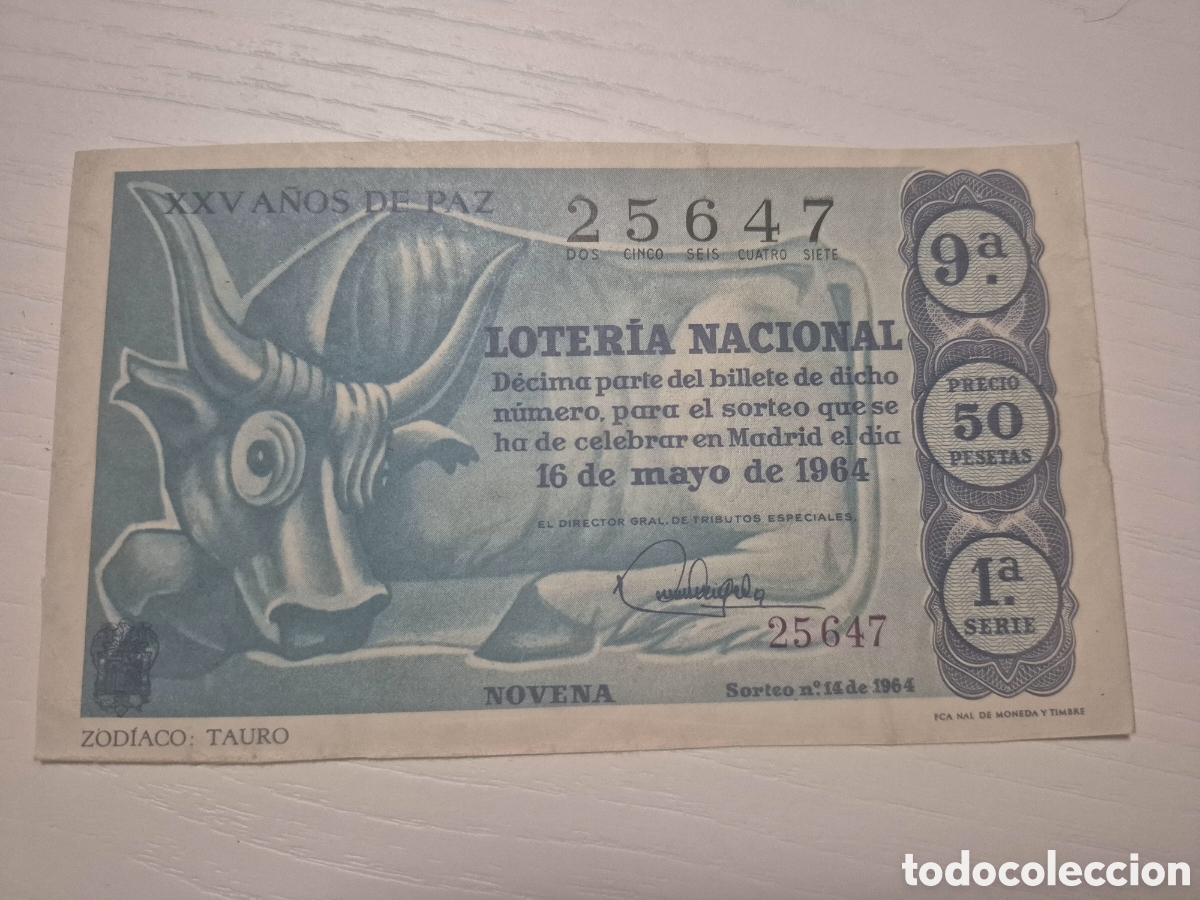 Loter&iacute;a Nacional: LOTERIA NACIONAL SORTEO 14 DE 1964 PERFECTO ESTADO SERIE 1