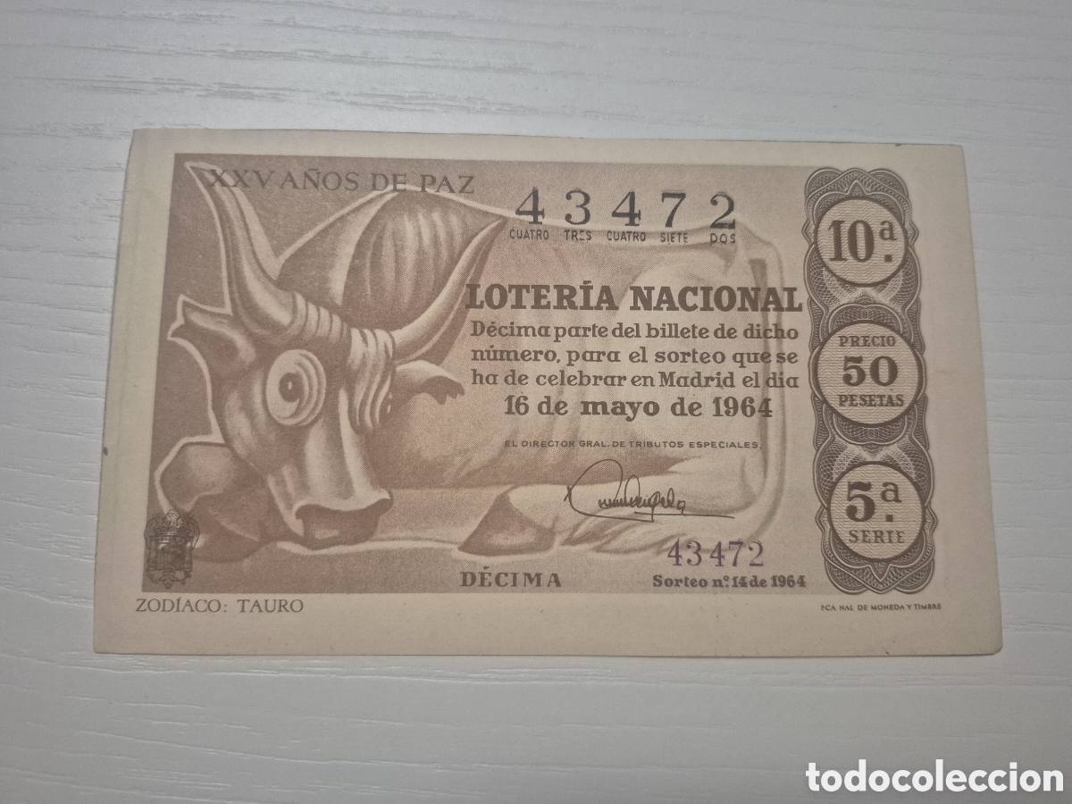 Loter&iacute;a Nacional: LOTERIA NACIONAL SORTEO 14 DE 1964 PERFECTO ESTADO SERIE 5