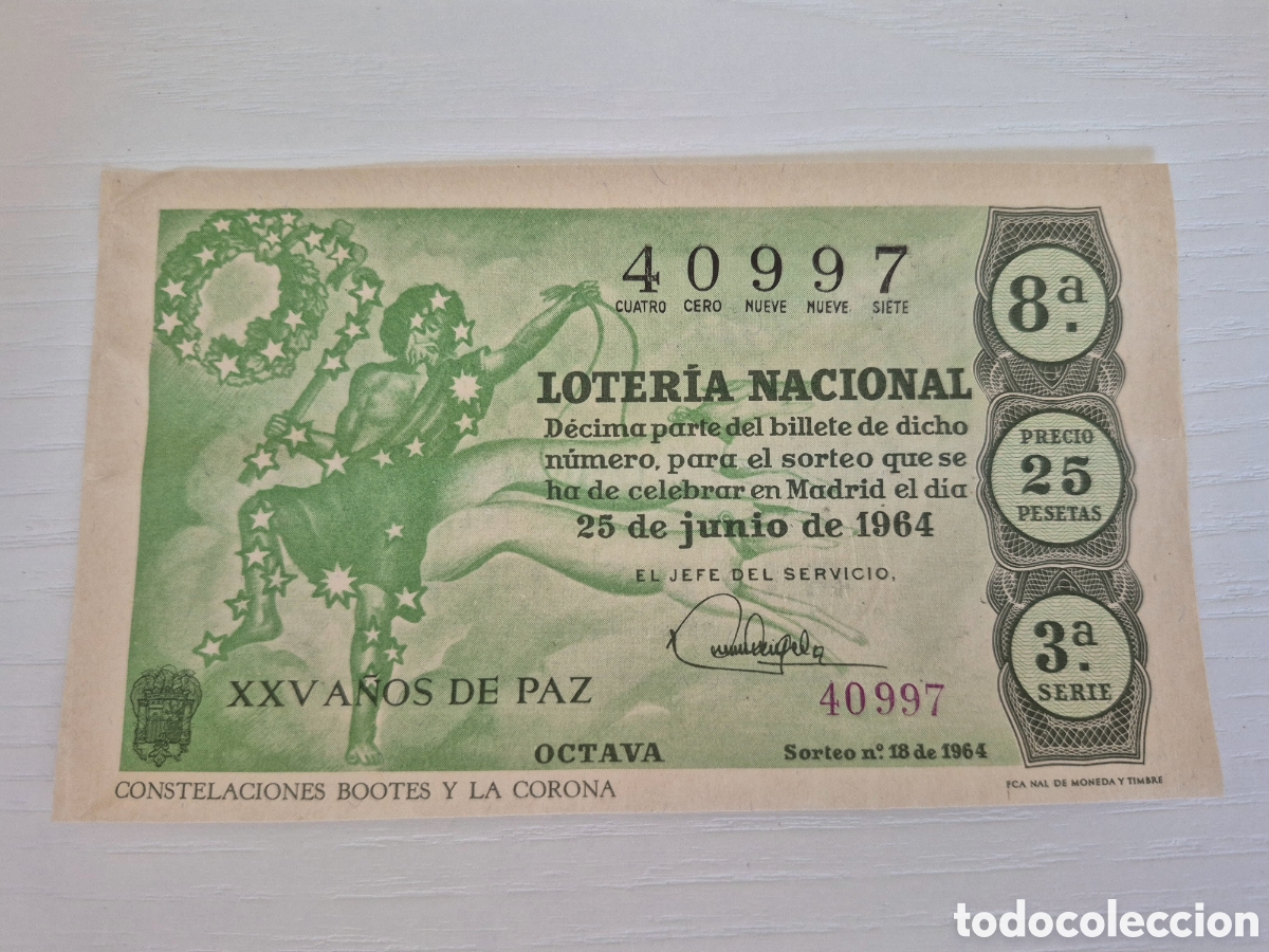 Loter&iacute;a Nacional: OTERIA NACIONAL SORTEO 18 DE 1964 PERFECTO ESTADO SERIE 3