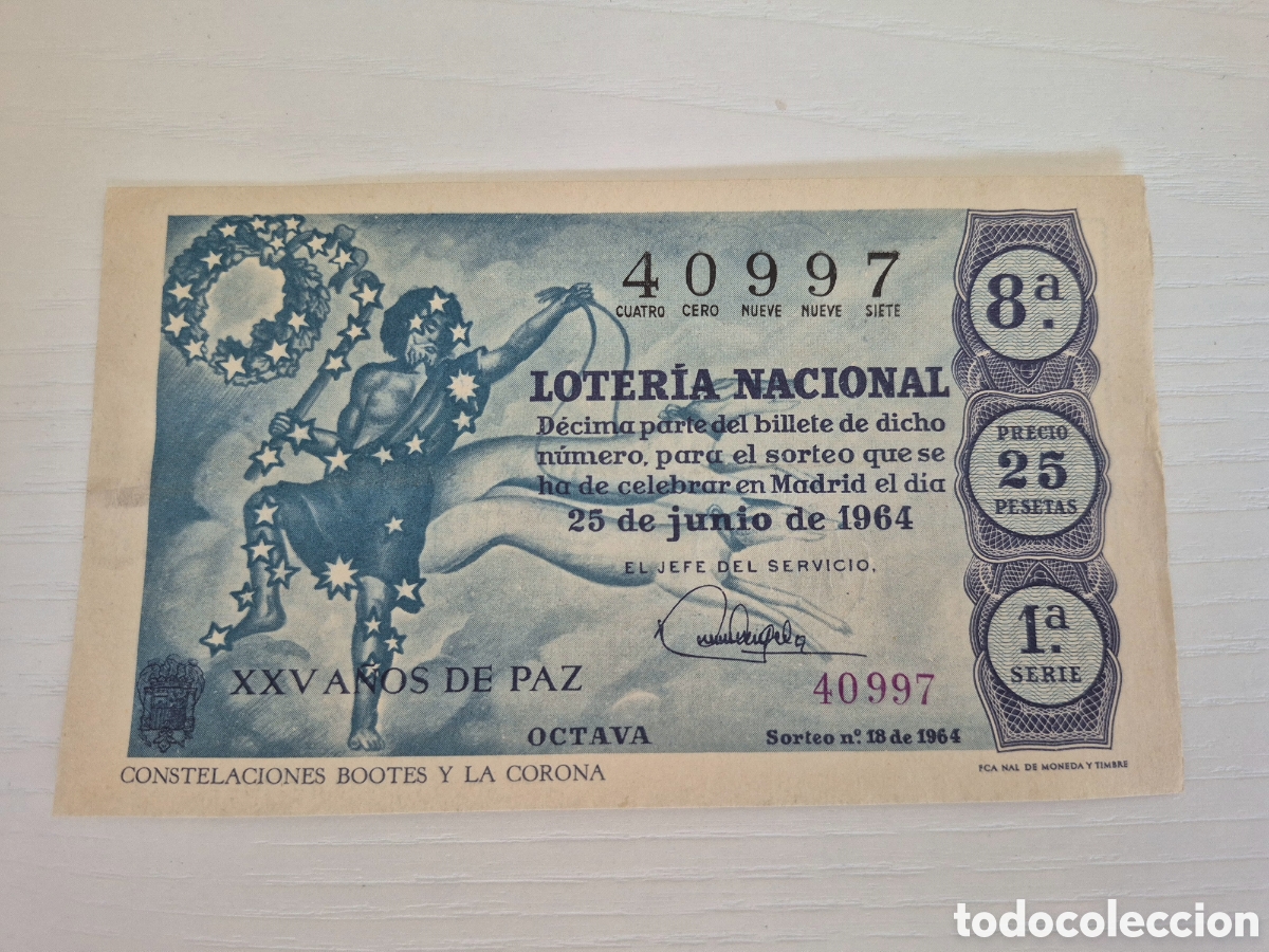 Loter&iacute;a Nacional: OTERIA NACIONAL SORTEO 18 DE 1964 PERFECTO ESTADO SERIE 1