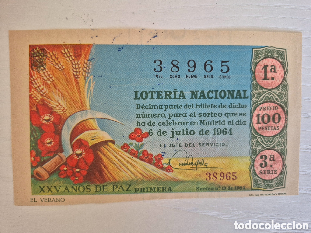Loter&iacute;a Nacional: OTERIA NACIONAL SORTEO 19 DE 1964 PERFECTO ESTADO SERIE 3