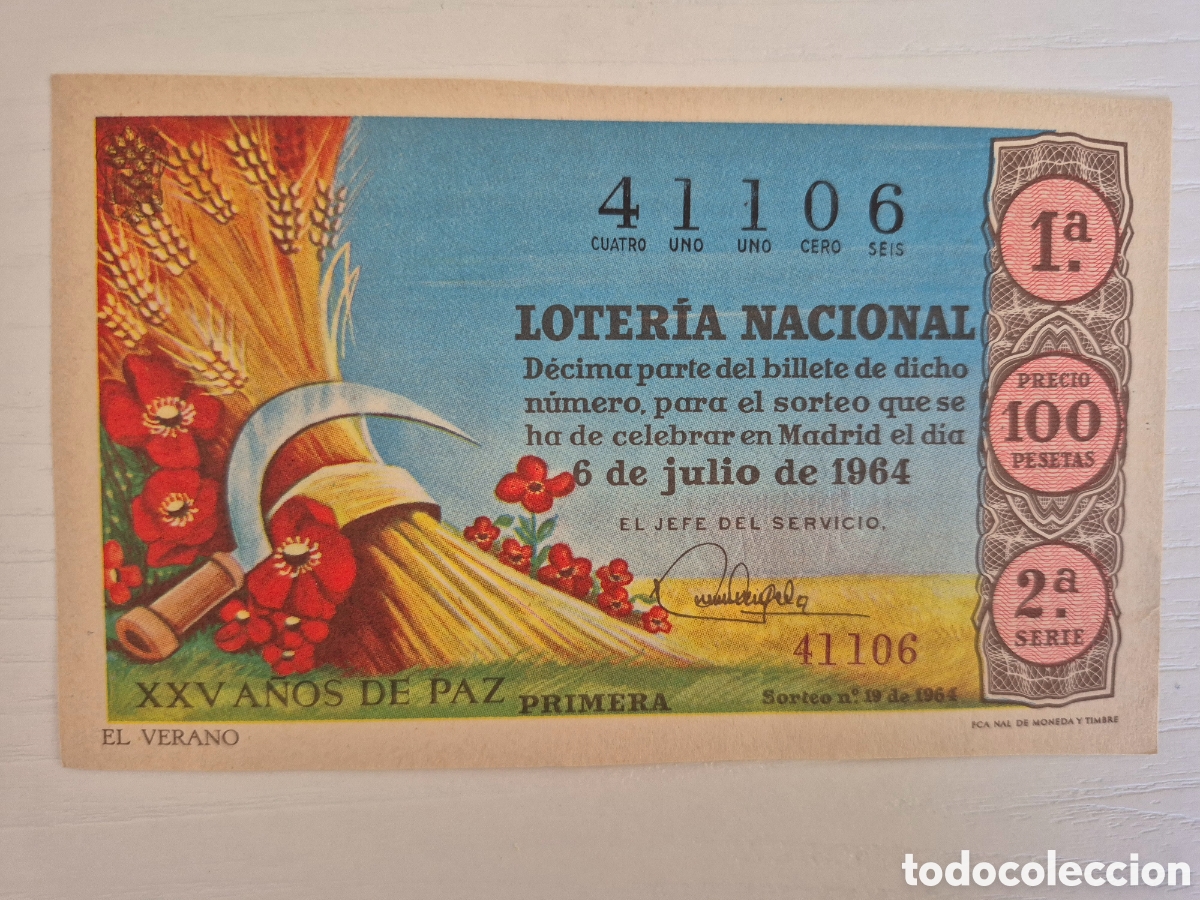 Loter&iacute;a Nacional: OTERIA NACIONAL SORTEO 19 DE 1964 PERFECTO ESTADO SERIE 2