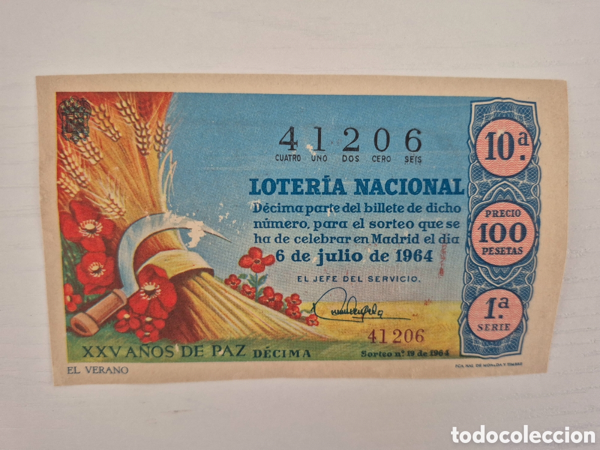 Loter&iacute;a Nacional: OTERIA NACIONAL SORTEO 19 DE 1964 PERFECTO ESTADO SERIE 1