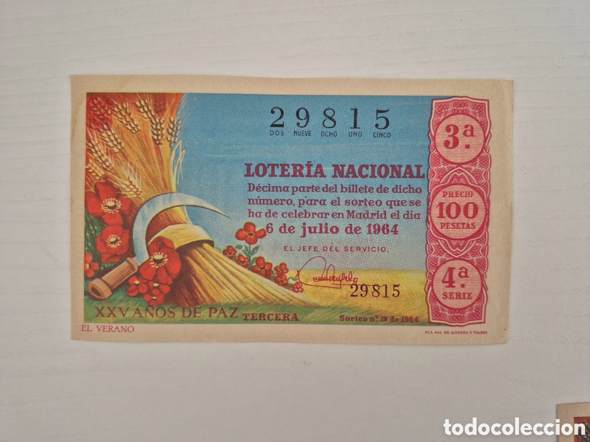 Loter&iacute;a Nacional: OTERIA NACIONAL SORTEO 19 DE 1964 PERFECTO ESTADO SERIE 4