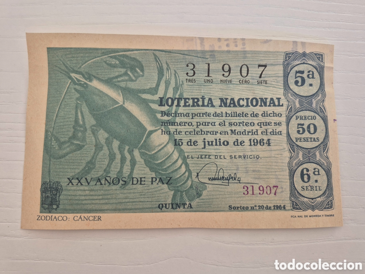 Loter&iacute;a Nacional: LOTERIA NACIONAL SORTEO 20 DE 1964 PERFECTO ESTADO SERIE 6
