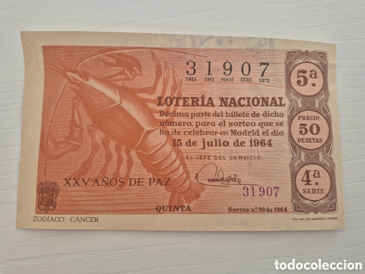 Loter&iacute;a Nacional: LOTERIA NACIONAL SORTEO 20 DE 1964 PERFECTO ESTADO SERIE 4