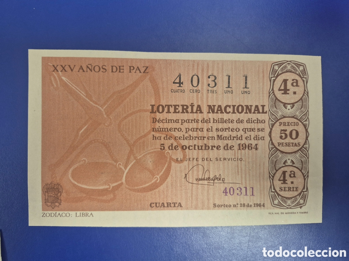 Loter&iacute;a Nacional: LOTERIA NACIONAL SORTEO 28 DE 1964 EN PERFECTO ESTADO SERIE 4