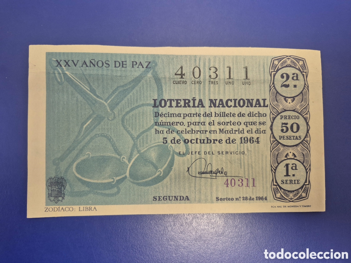 Loter&iacute;a Nacional: LOTERIA NACIONAL SORTEO 28 DE 1964 EN PERFECTO ESTADO SERIE 1