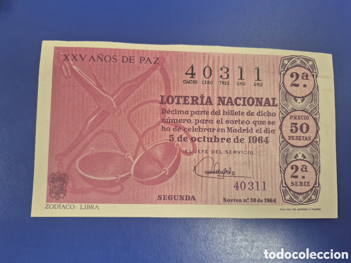 Loter&iacute;a Nacional: LOTERIA NACIONAL SORTEO 28 DE 1964 EN PERFECTO ESTADO SERIE 2