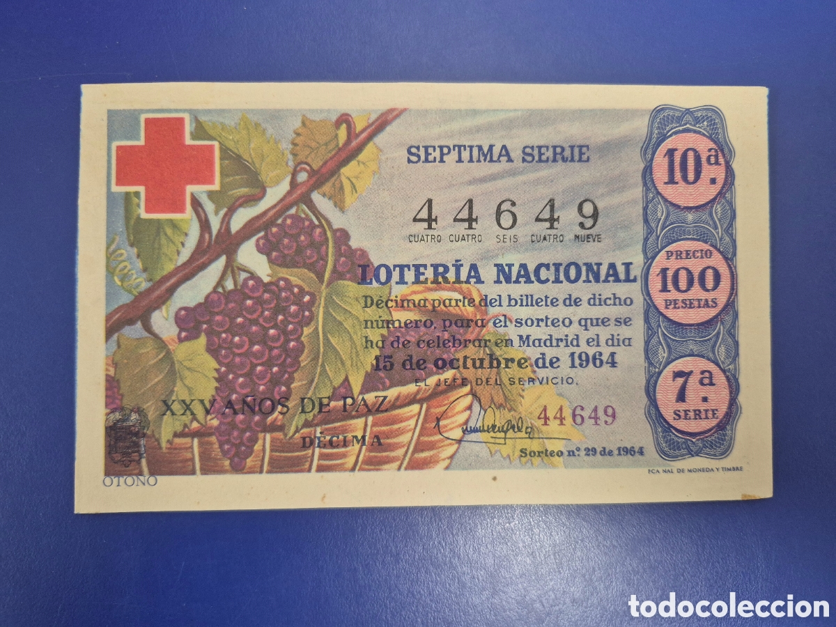 Loter&iacute;a Nacional: LOTERIA NACIONAL SORTEO 29 DE 1964 EN PERFECTO ESTADO CRUZ ROJA SERIE 7