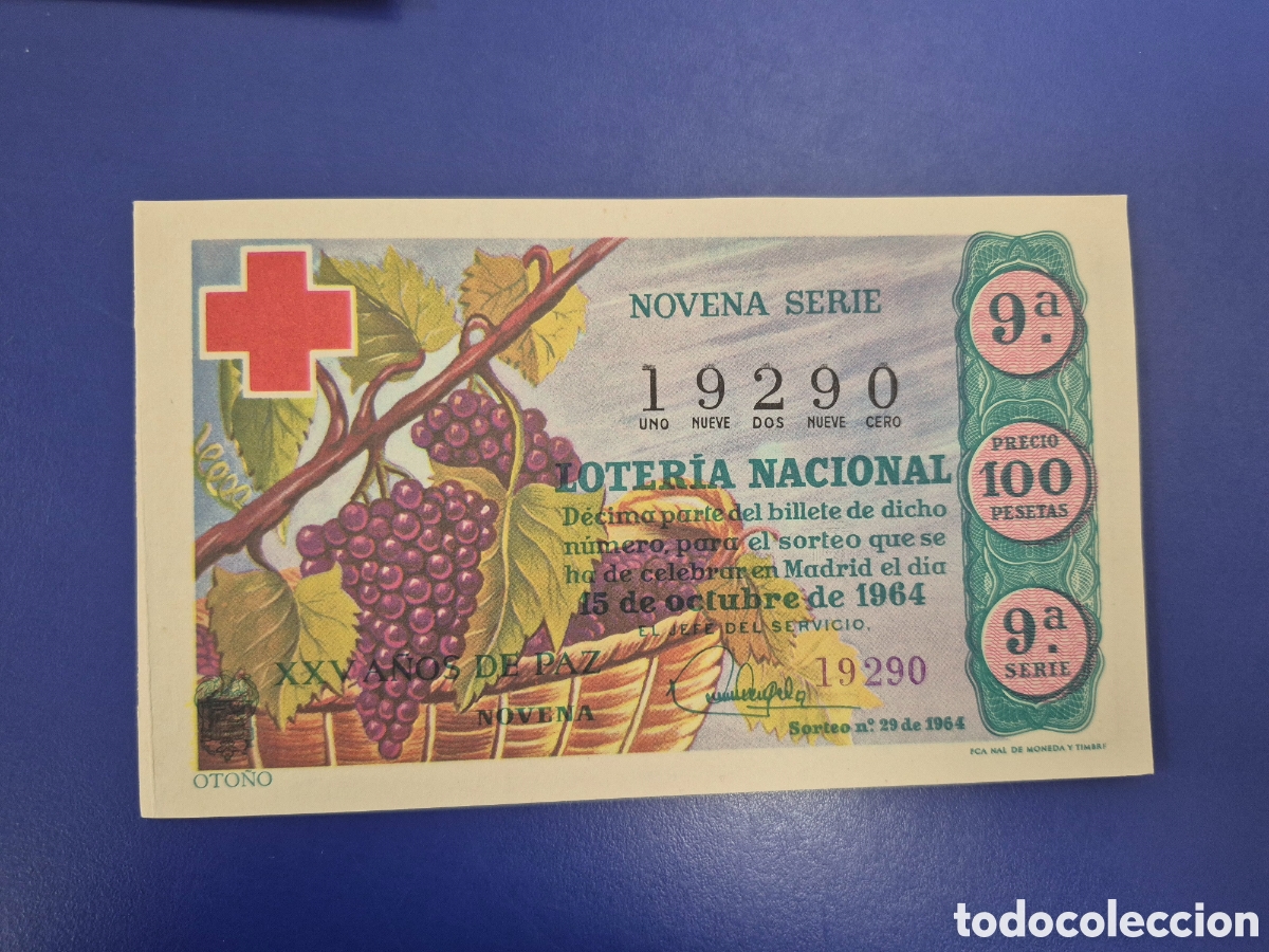 Lotteria Nationale Spagnola: LOTERIA NACIONAL SORTEO 29 DE 1964 EN PERFECTO ESTADO CRUZ ROJA SERIE 9