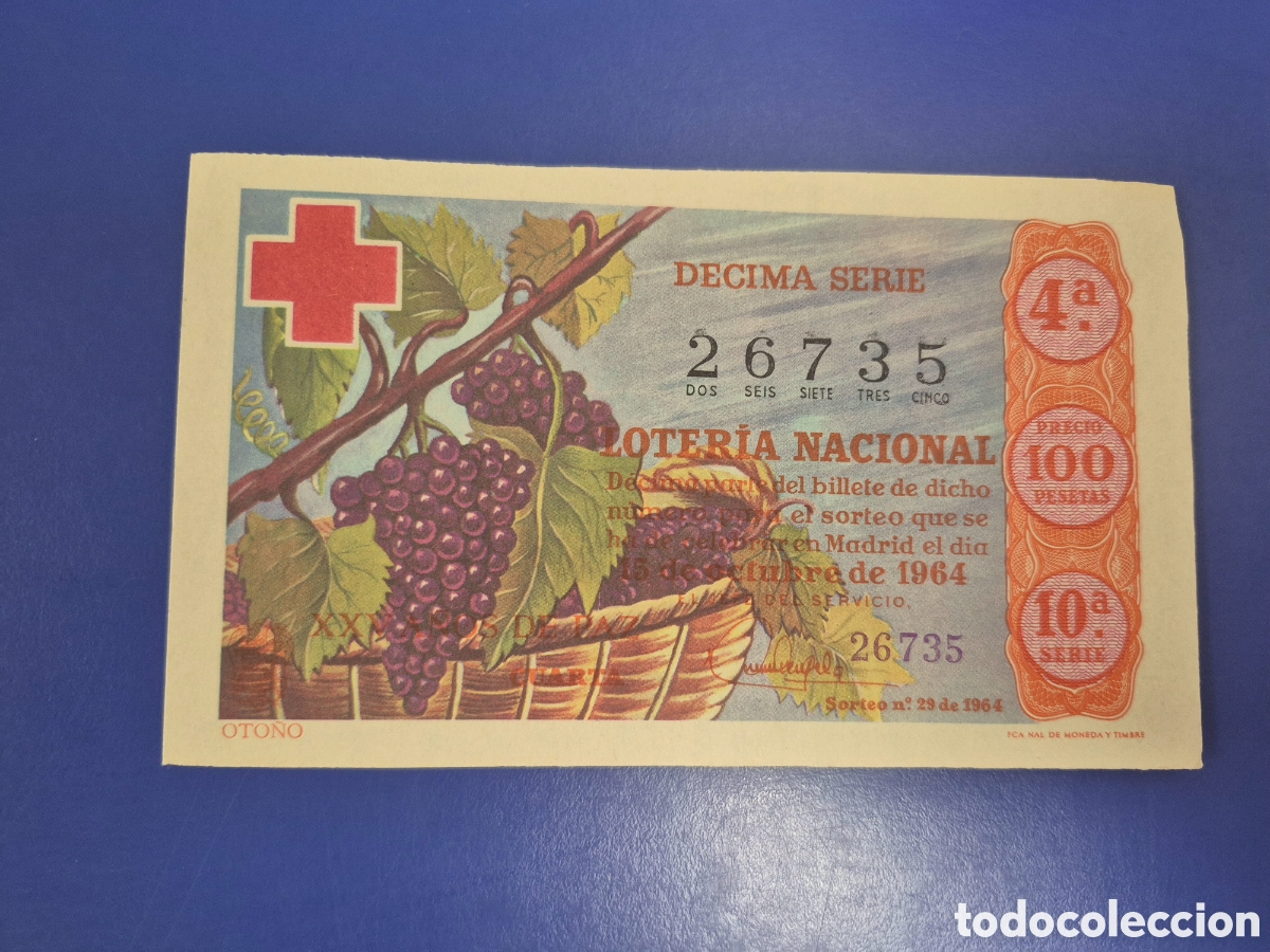 National Spanish Lottery: LOTERIA NACIONAL SORTEO 29 DE 1964 EN PERFECTO ESTADO CRUZ ROJA SERIE 10