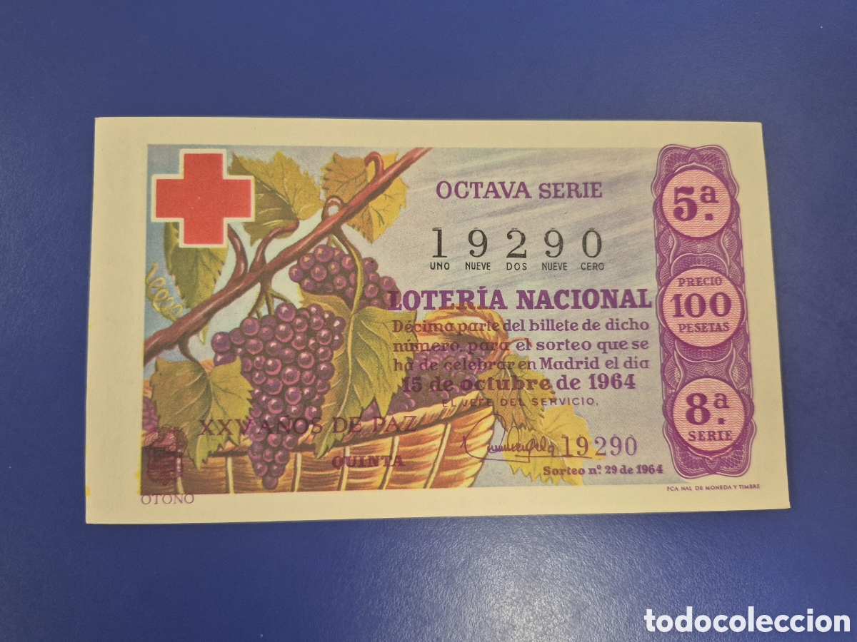 Loter&iacute;a Nacional: LOTERIA NACIONAL SORTEO 29 DE 1964 EN PERFECTO ESTADO CRUZ ROJA SERIE 8