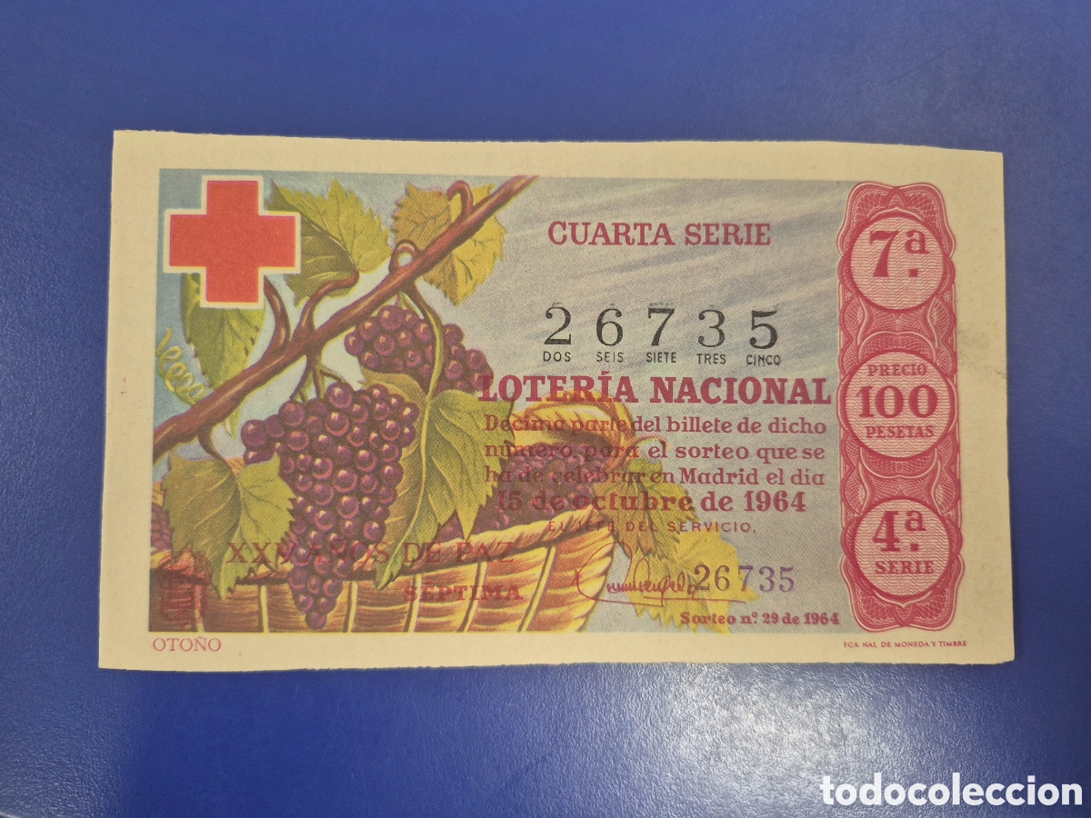 Loter&iacute;a Nacional: LOTERIA NACIONAL SORTEO 29 DE 1964 EN PERFECTO ESTADO CRUZ ROJA SERIE 4