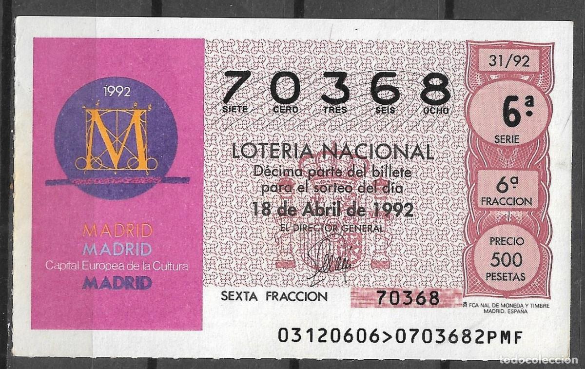 Loter&iacute;a Nacional: LOTERIA NACIONAL,18/07/1992.