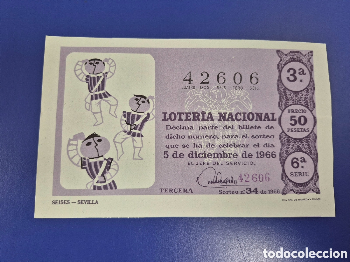 National Spanish Lottery: LOTERIA NACIONAL SORTEO 34 de 1966 NAVIDAD PERFECTO ESTADO SERIE 6