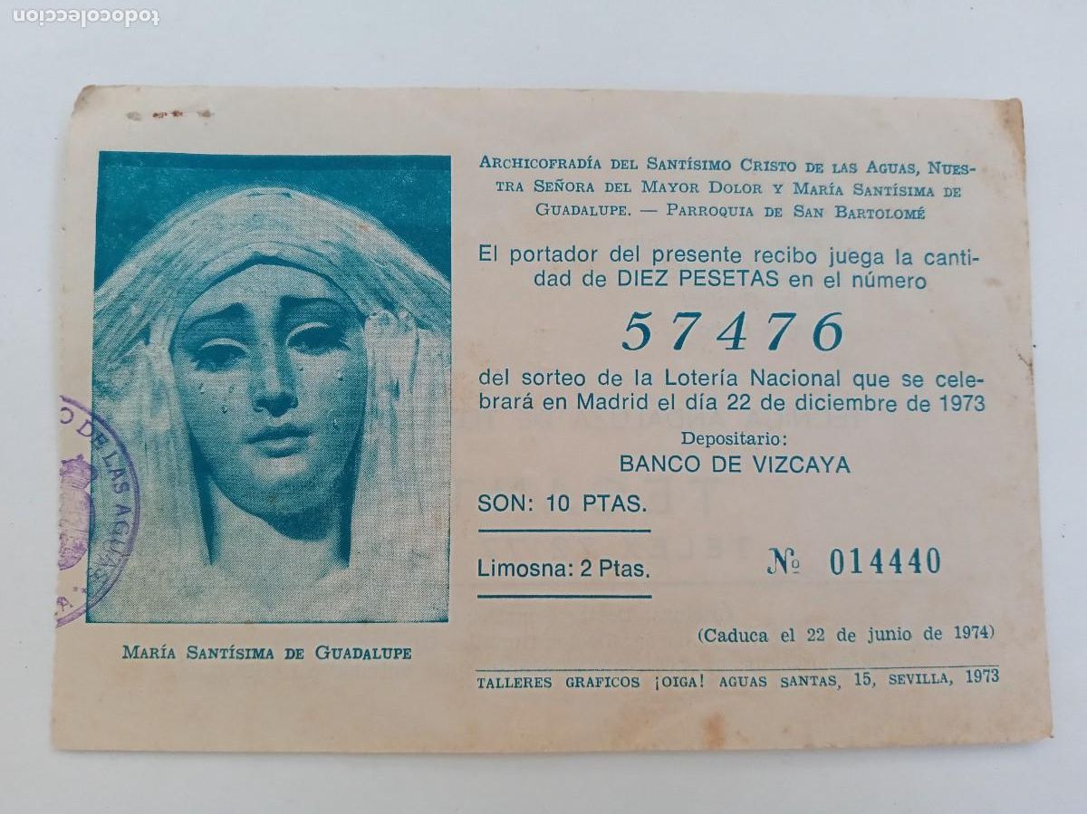 Loter&iacute;a Nacional: SEMANA SANTA SEVILLA - COFRADIA CRISTO AGUAS Y MARIA STMA. DE GUADALUPE : LOTERIA NAVIDAD 1973