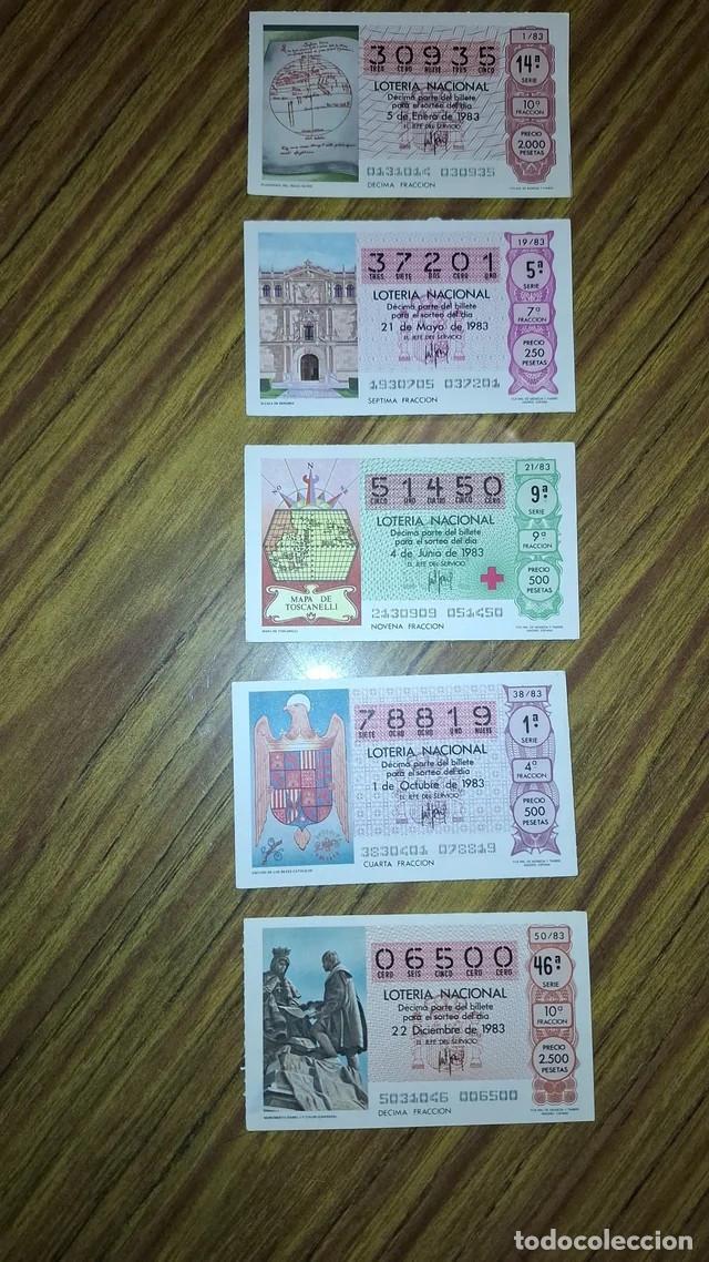 Loter&iacute;a Nacional: Cinco billetes de loter&iacute;a del a&ntilde;o 1983