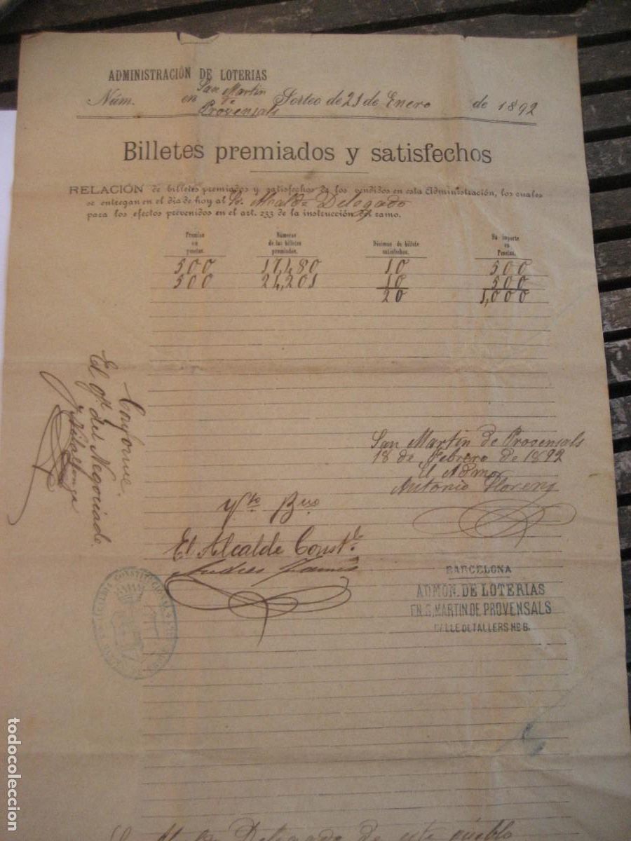 Loter&iacute;a Nacional: Administraci&oacute;n de loterias billetes premiados San mart&iacute; de proven&ccedil;als 1892