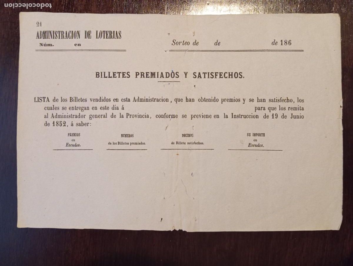 Loter&iacute;a Nacional: Loter&iacute;a. 1852. Billetes premiados. Antigua loter&iacute;a
