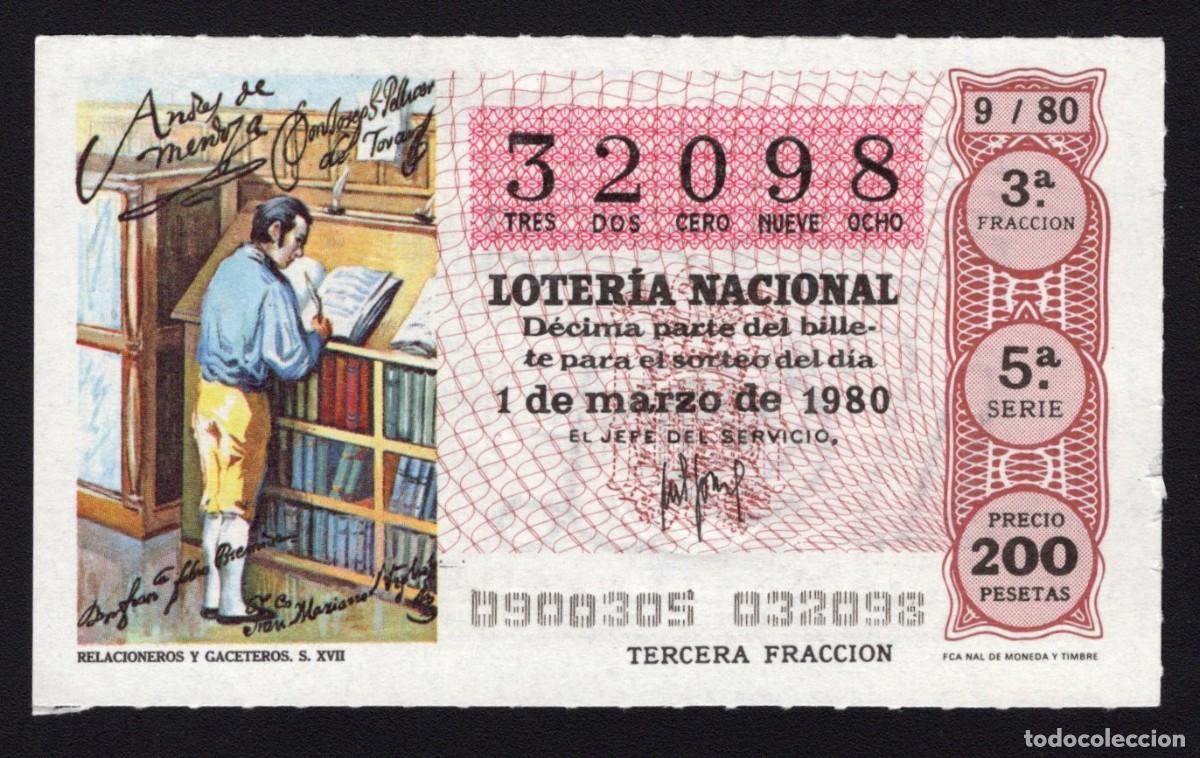 Loter&iacute;a Nacional: L. Nacional 1 Marzo 1980. Relacioneros y Gaceteros. N&ordm; 32098. Admon 65. Madrid. Cambi&oacute; nombre.