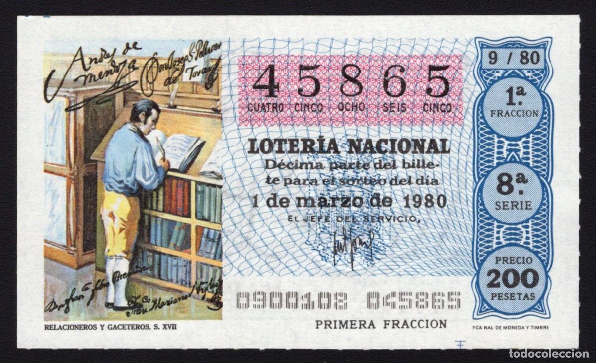 Loter&iacute;a Nacional: L. Nacional 1 Marzo 1980. Relacioneros y Gaceteros. N&ordm; 45865. Admon 12 Conchita. Madrid. Desaparecid