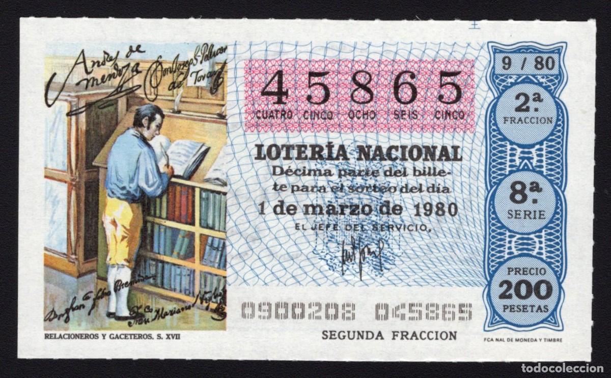 Loter&iacute;a Nacional: L. Nacional 1 Marzo 1980. Relacioneros y Gaceteros. N&ordm; 45865. Admon 12 Conchita. Madrid. Desaparecid