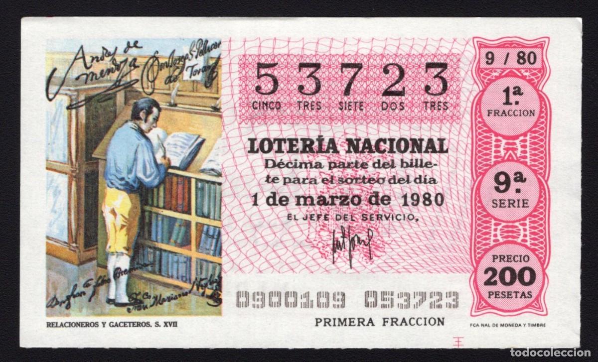 Loter&iacute;a Nacional: L. Nacional 1 Marzo 1980. Relacioneros y Gaceteros. N&ordm; 53723. Admon 12 Conchita. Madrid. Desaparecid