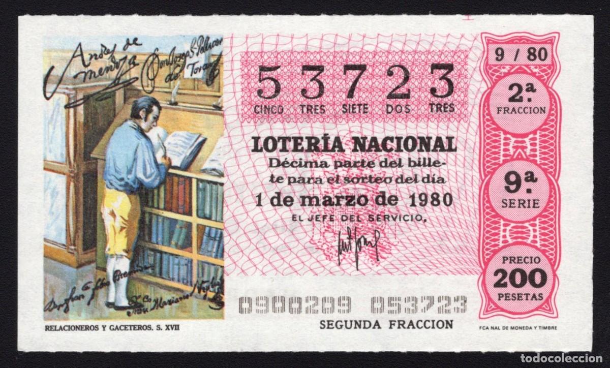 Loter&iacute;a Nacional: L. Nacional 1 Marzo 1980. Relacioneros y Gaceteros. N&ordm; 53723. Admon 12 Conchita. Madrid. Desaparecid