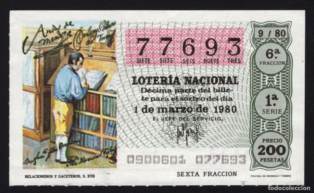 Loter&iacute;a Nacional: L. Nacional 1 Marzo 1980. Relacioneros y Gaceteros. N&ordm; 77693. Admon 1 Madrid. Desaparecida.