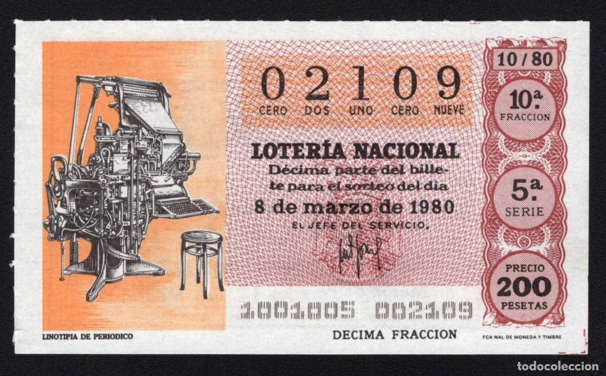 Loter&iacute;a Nacional: L. Nacional 8 Marzo 1980. Linotipia de Peri&oacute;dico. N&ordm; 02109. Admon 108 Alhambra. Madrid. Desaparecida