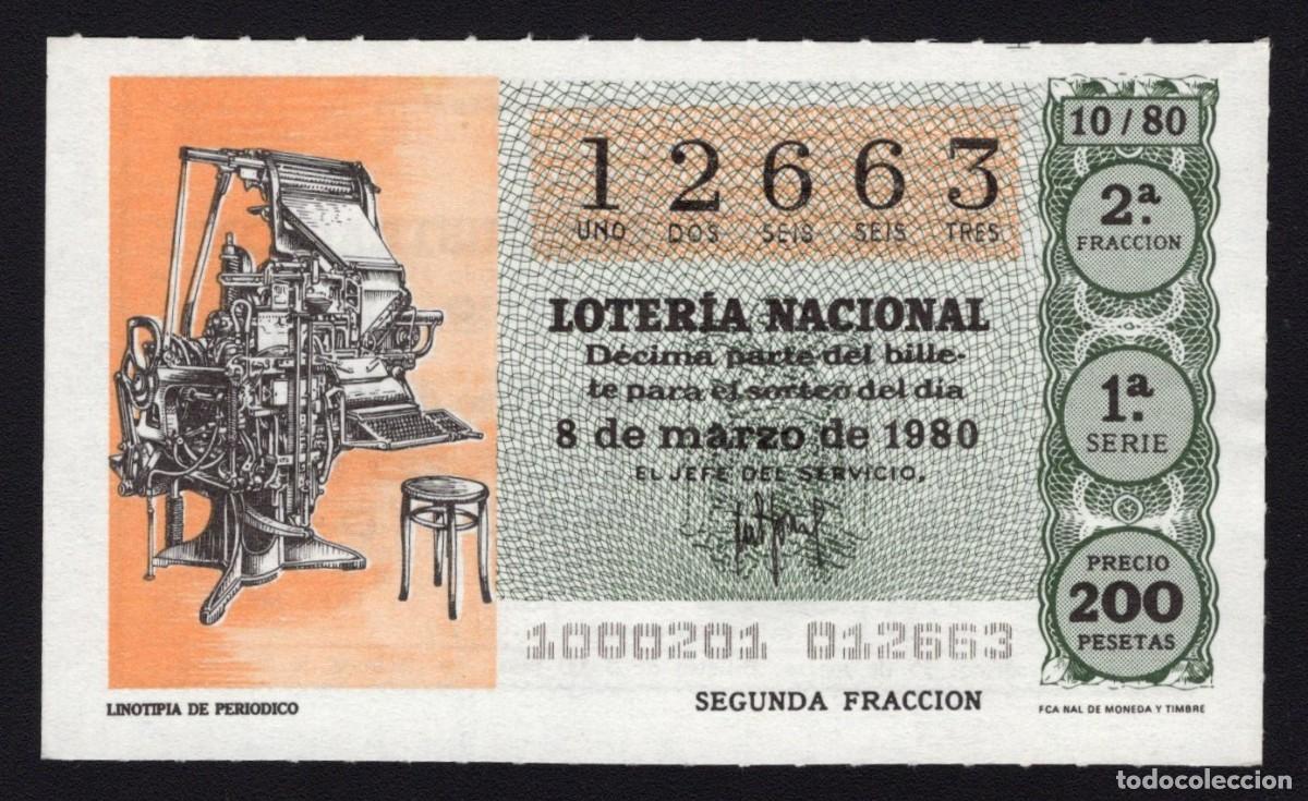 Loter&iacute;a Nacional: L. Nacional 8 Marzo 1980. Linotipia de Peri&oacute;dico. N&ordm; 12663. Admon 51. Madrid. Desaparecida.