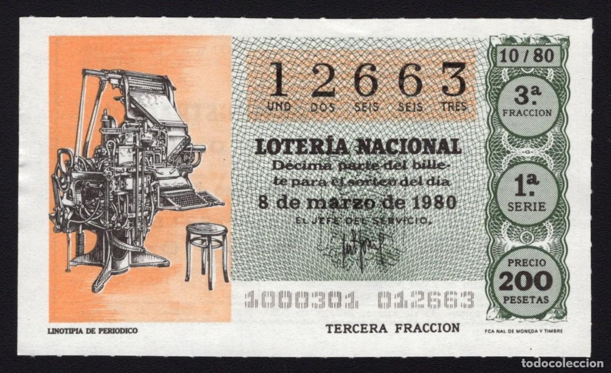 Loter&iacute;a Nacional: L. Nacional 8 Marzo 1980. Linotipia de Peri&oacute;dico. N&ordm; 12663. Admon 51. Madrid. Desaparecida.