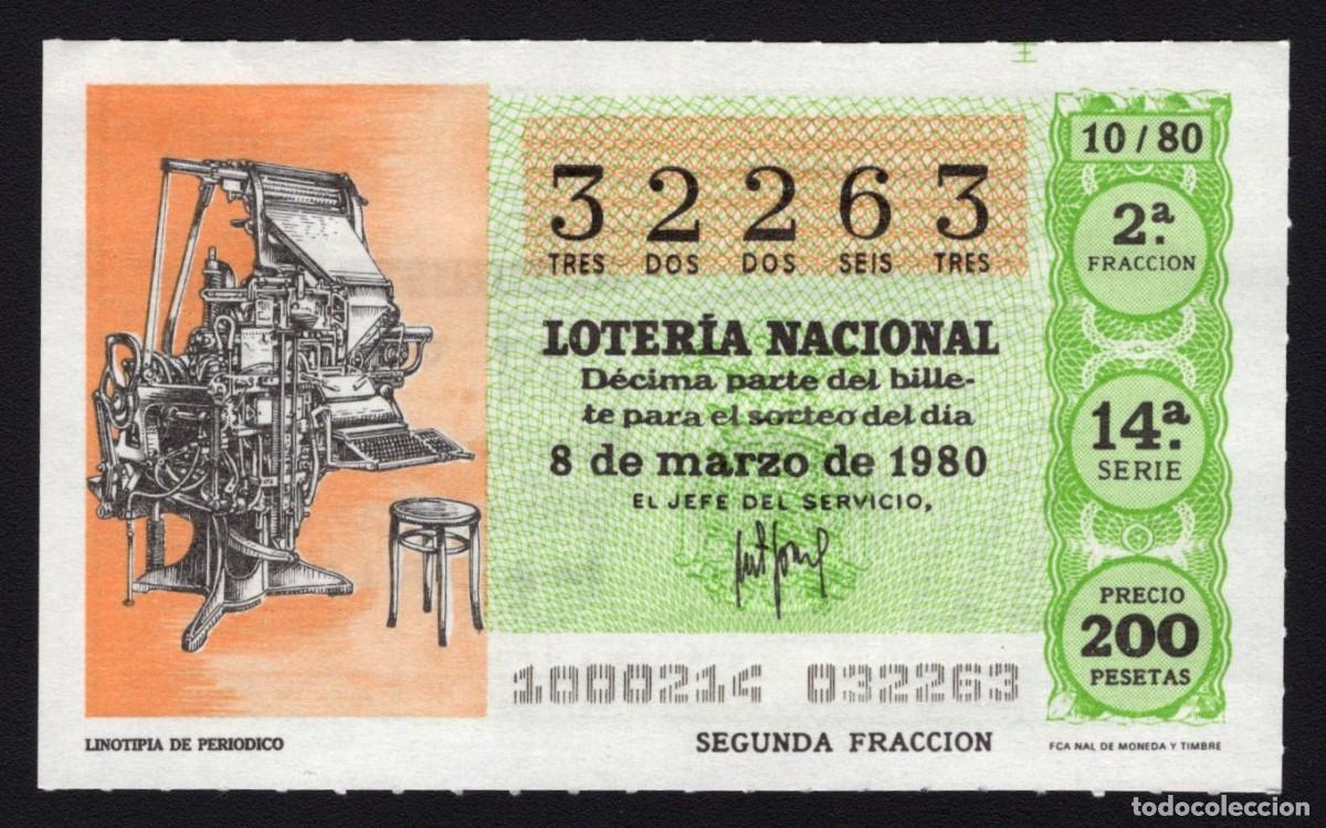 Loter&iacute;a Nacional: L. Nacional 8 Marzo 1980. Linotipia de Peri&oacute;dico. N&ordm; 32263. Admon 51. Madrid. Desaparecida.