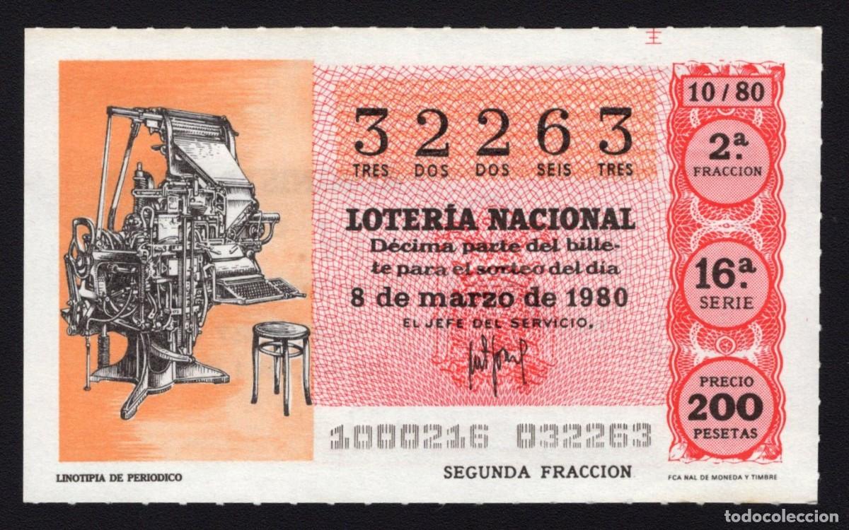 Loter&iacute;a Nacional: L. Nacional 8 Marzo 1980. Linotipia de Peri&oacute;dico. N&ordm; 32263. Admon 51. Madrid. Desaparecida.