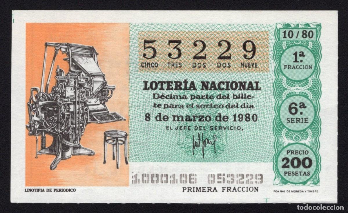 Loter&iacute;a Nacional: L. Nacional 8 Marzo 1980. Linotipia de Peri&oacute;dico. N&ordm; 53229. Admon 12 Conchita. Madrid. Desaparecida.