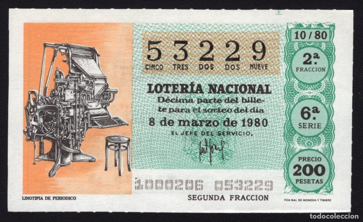 Loter&iacute;a Nacional: L. Nacional 8 Marzo 1980. Linotipia de Peri&oacute;dico. N&ordm; 53229. Admon 12 Conchita. Madrid. Desaparecida.