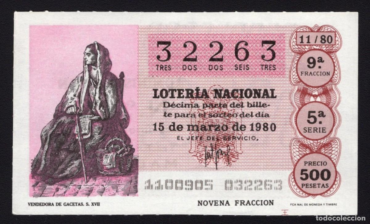 Loter&iacute;a Nacional: L. Nacional 15 Marzo 1980. Vendedora de Gacetas. N&ordm; 32263. Admon 51. Madrid. Desaparecida.